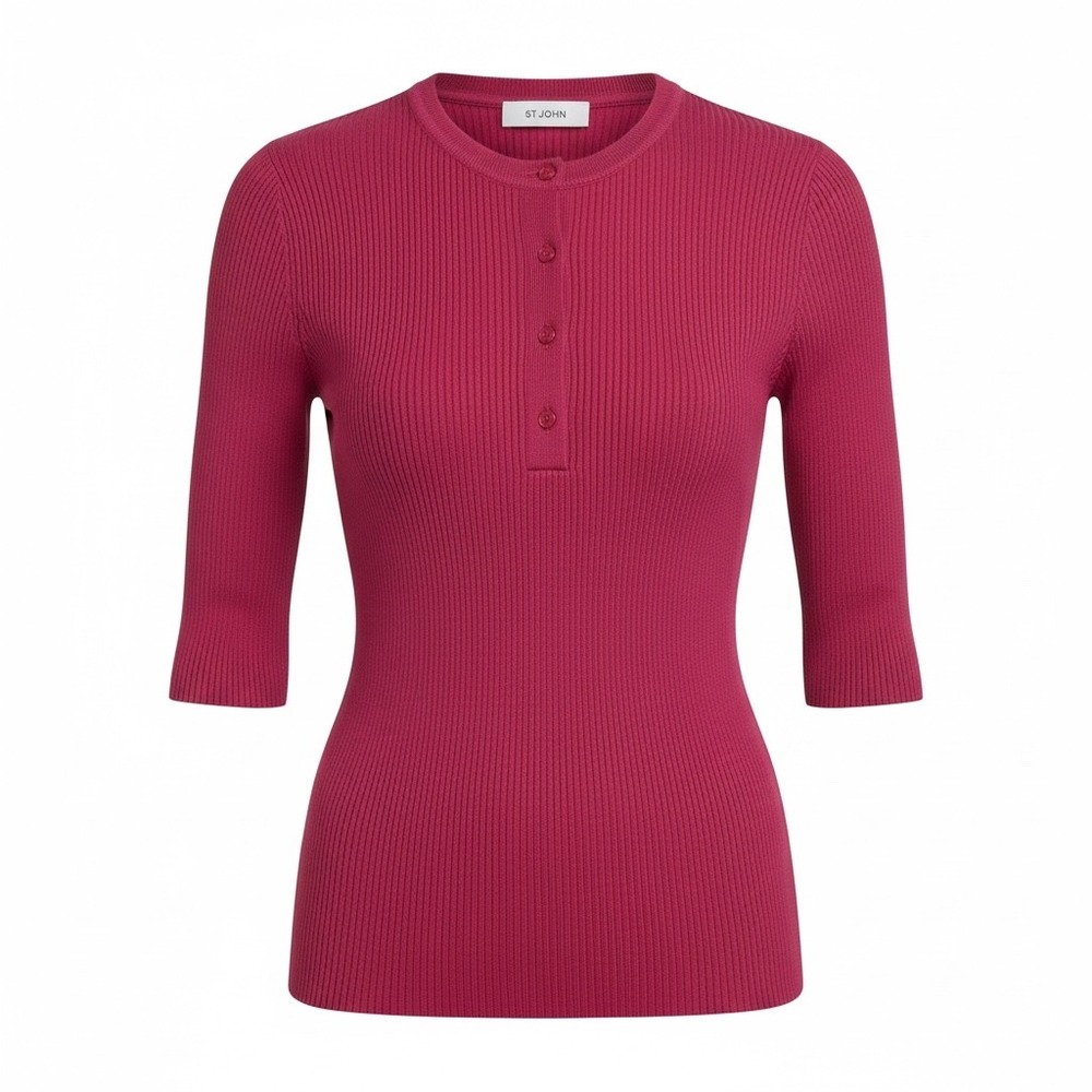 St. John Fuchsia Pink Ribbed Knit Button Front Elbow Sleeve Top XS Rayon